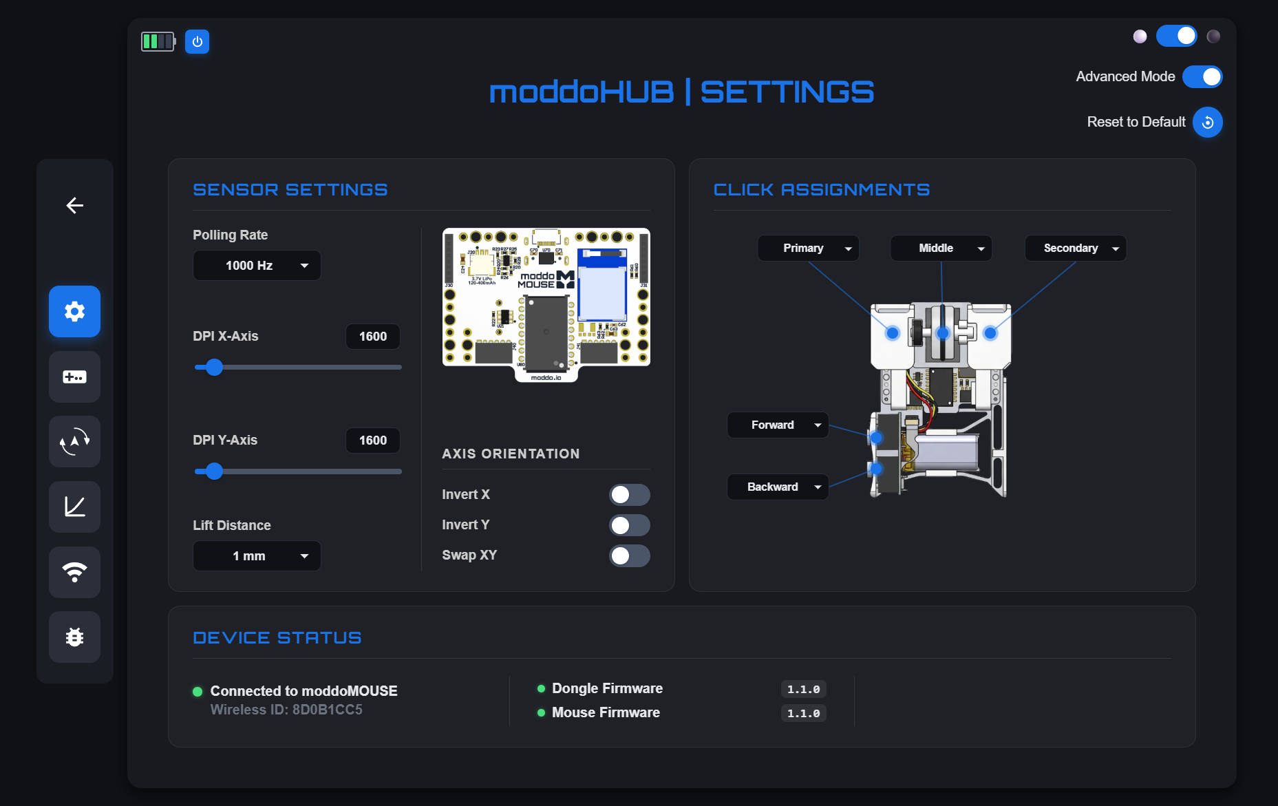 moddoHUB browser configuration screen