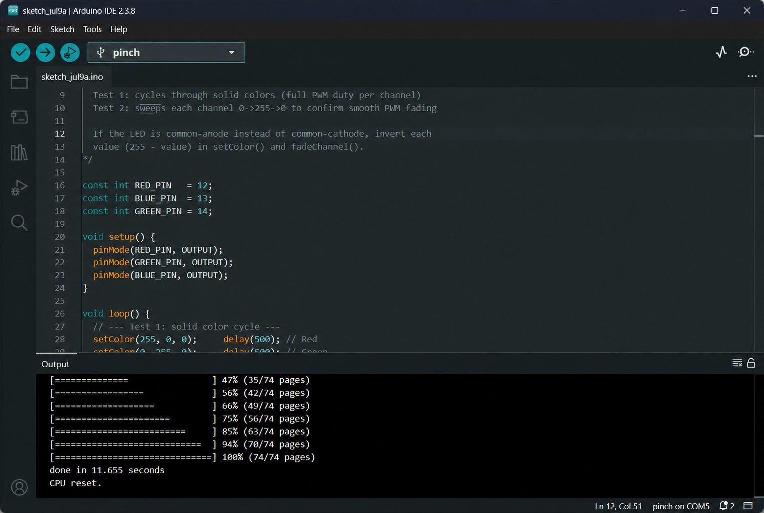 Arduino IDE with pinch selected as the board