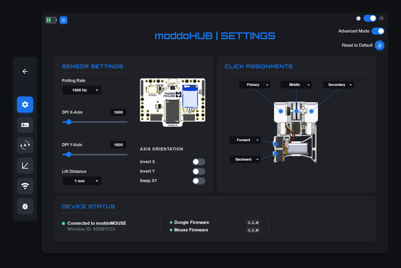 moddoHUB Settings tab: sensor polling rate, DPI, lift distance, and axis orientation.
