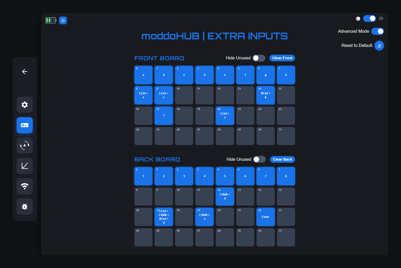 moddoHUB Extra Inputs tab: front and back board key grids with custom bindings.