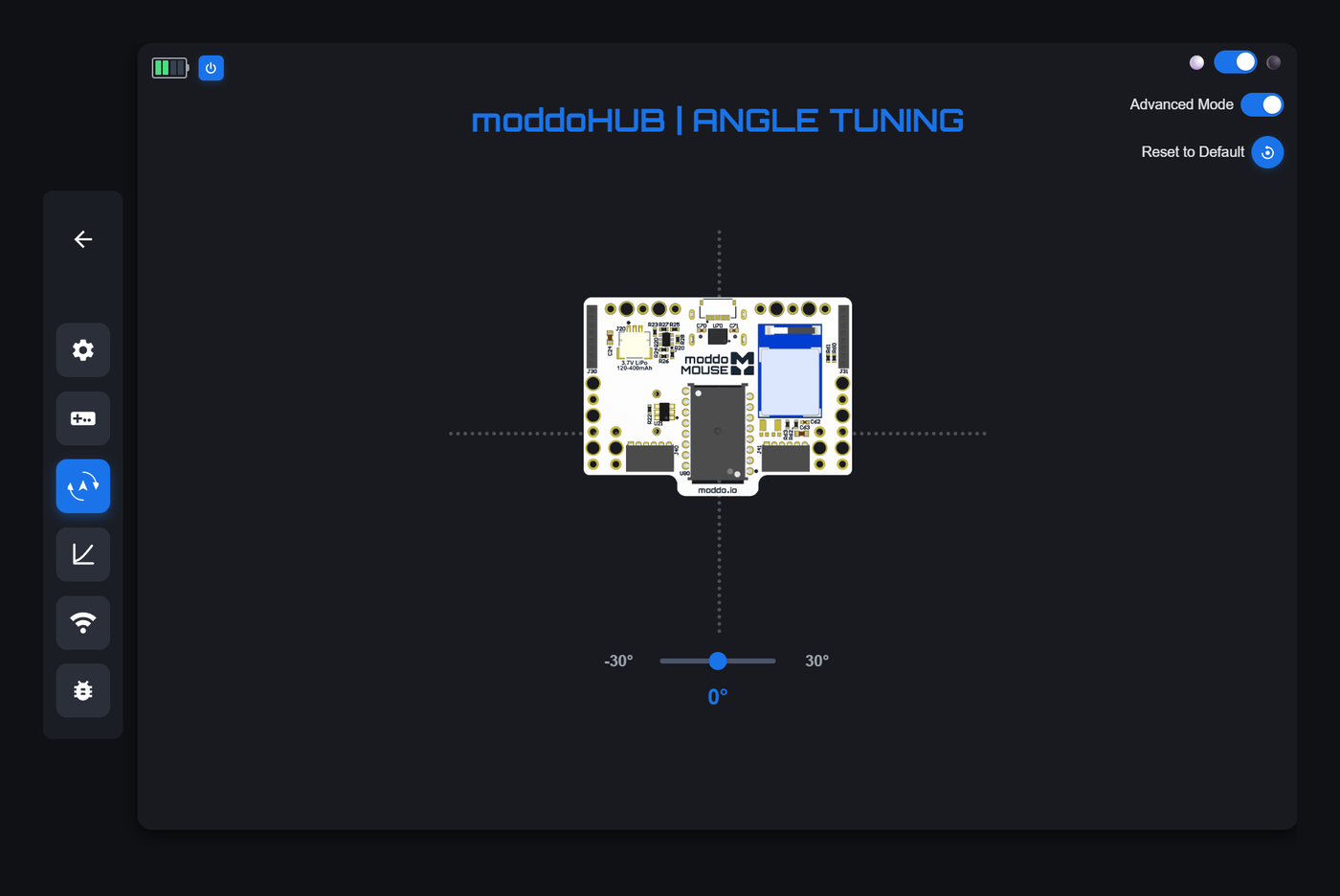 moddoHUB Angle Tuning tab: rotate the sensor from -30 to +30 degrees.