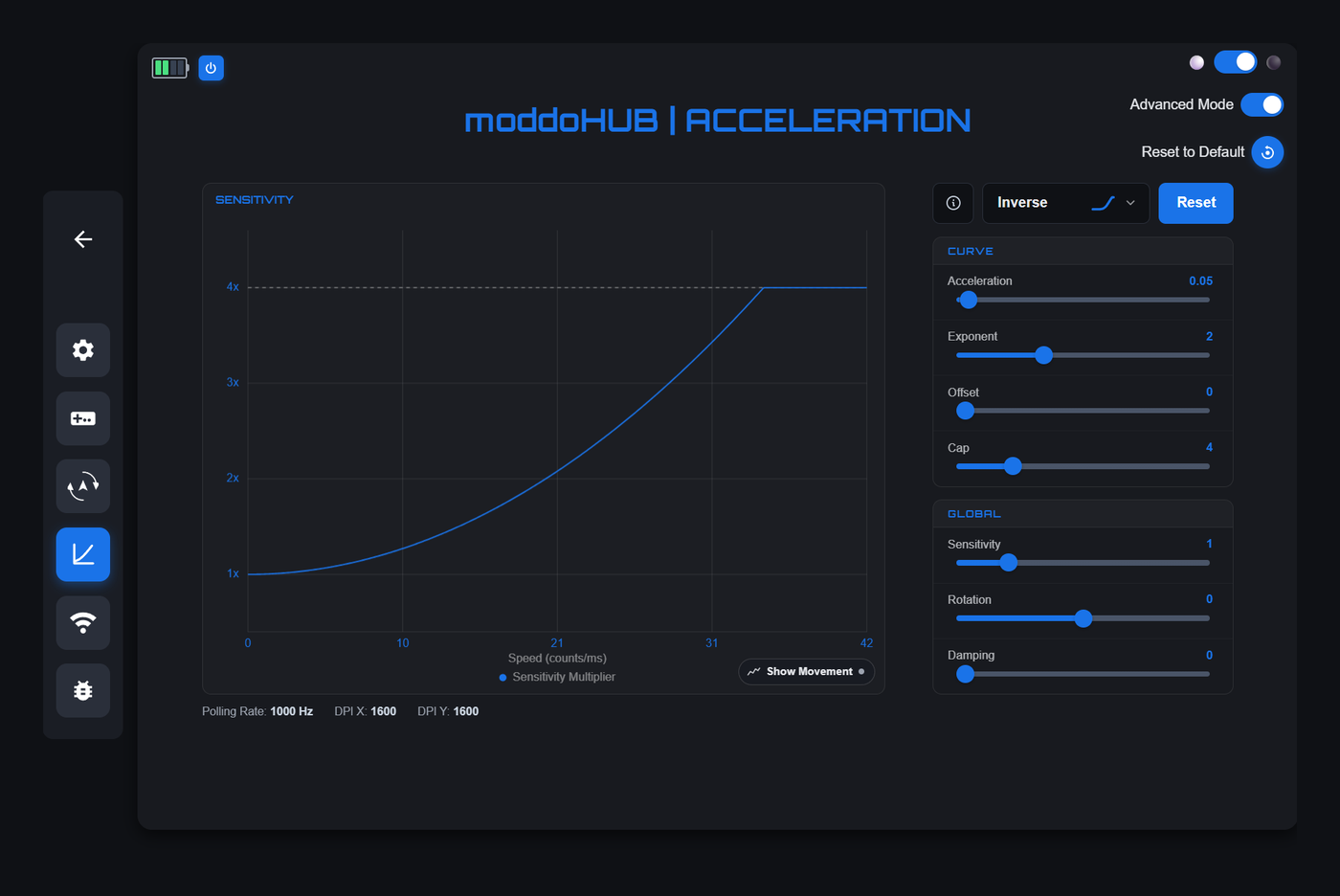 moddoHUB Acceleration tab: custom sensitivity curve with acceleration controls.